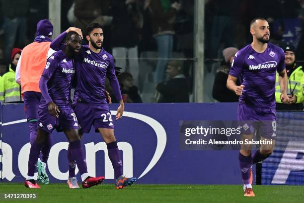 Nicolas Gonzalez of ACF Fiorentina celebrates after scoring the opening goal during the Serie A match between ACF Fiorentina and AC MIlan at Stadio...