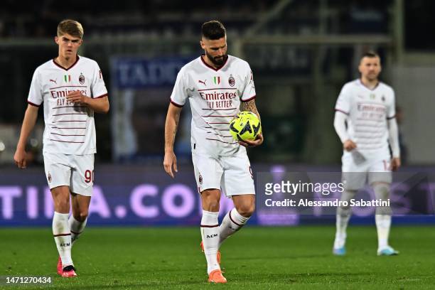 Oliver Giroud of AC Milan reacts during the Serie A match between ACF Fiorentina and AC MIlan at Stadio Artemio Franchi on March 04, 2023 in...