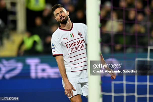 Oliver Giroud of AC Milan reacts during the Serie A match between ACF Fiorentina and AC MIlan at Stadio Artemio Franchi on March 04, 2023 in...