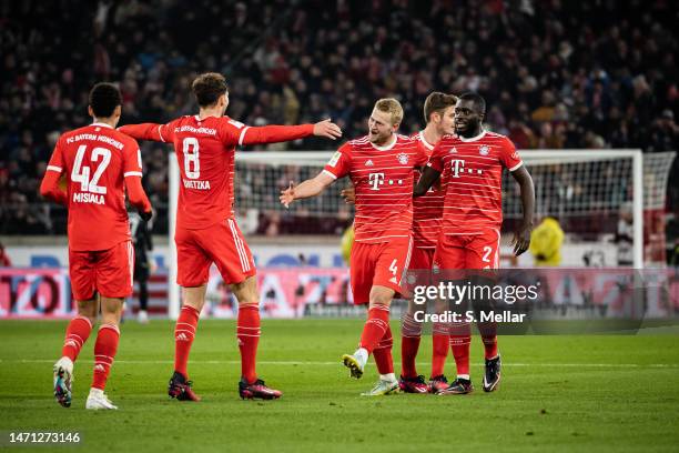 Matthijs de Ligt, Dayot Upamecano, Leon Goretzka and Jamal Musiala of FC Bayern Muenchen celebrate a goal during the Bundesliga match between VfB...