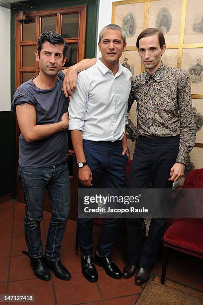Andre Saraiva, Pablo Arroyo and Christopher Niquet attend Officiel Hommes Paris Dinner on June 25, 2012 in Milan, Italy.