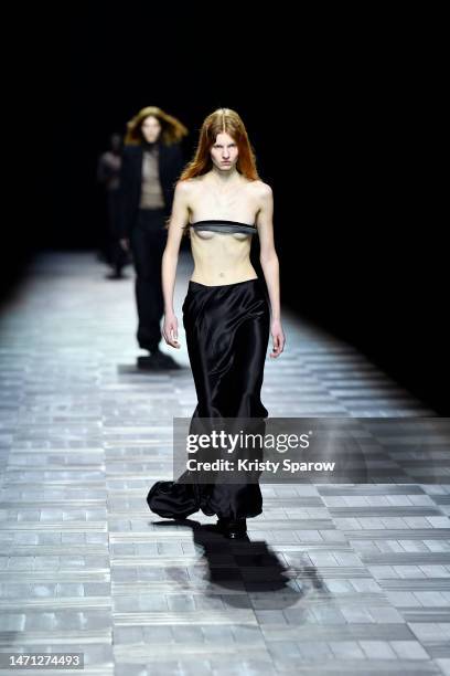 Models walk the runway during the Ann Demeulemeester Womenswear Fall Winter 2023-2024 show as part of Paris Fashion Week on March 04, 2023 in Paris,...