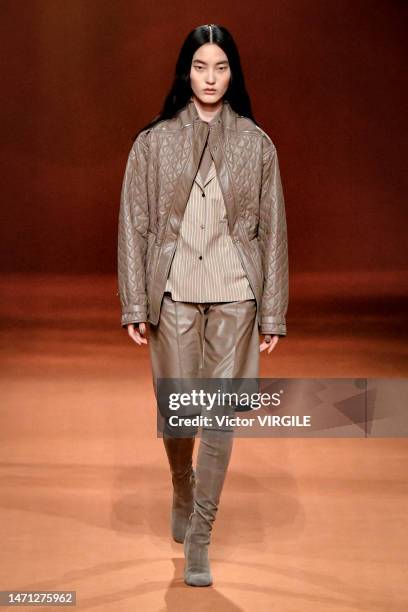 Model walks the runway during the Hermes Ready to Wear Fall/Winter 2023-2024 fashion show as part of the Paris Fashion Week on March 4, 2023 in...