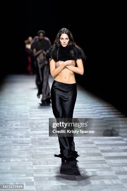 Models walk the runway during the Ann Demeulemeester Womenswear Fall Winter 2023-2024 show as part of Paris Fashion Week on March 04, 2023 in Paris,...