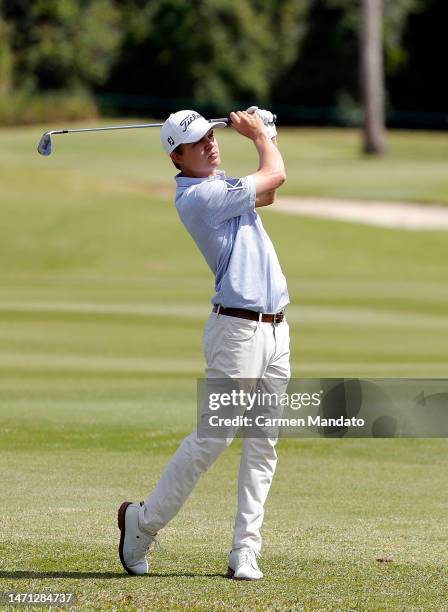 Carson Young of the United States hits his third shot on the 3rd hole during the third round of the Puerto Rico Open at Grand Reserve Golf Club on...