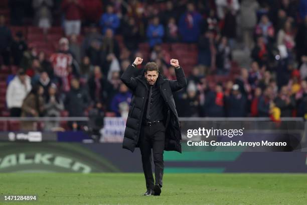 Manager Diego Simeone of Atletico de Madrid acknowledges the audience after winning the LaLiga Santander match between Atletico de Madrid and Sevilla...