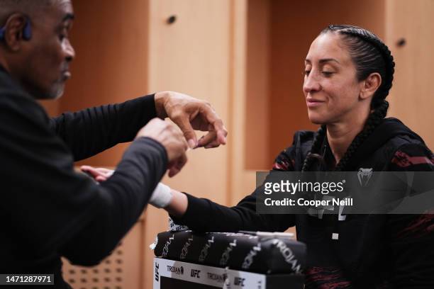 Jessica Penne has her hands taped backstage during the UFC 285 event at T-Mobile Arena on March 04, 2023 in Las Vegas, Nevada.