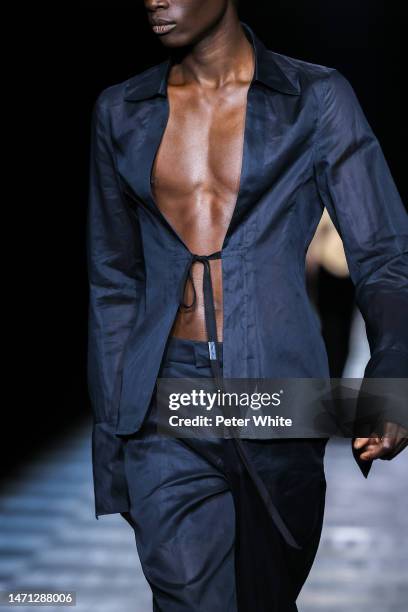 Model, fashion detail, walks the runway during the Ann Demeulemeester Womenswear Fall Winter 2023-2024 show as part of Paris Fashion Week on March...