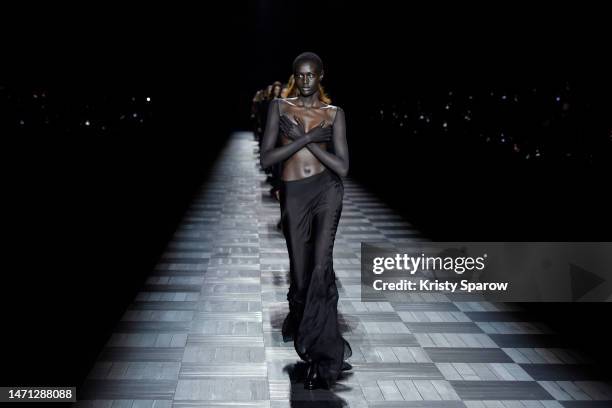 Models walk the runway during the Ann Demeulemeester Womenswear Fall Winter 2023-2024 show as part of Paris Fashion Week on March 04, 2023 in Paris,...