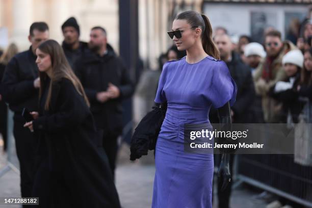 Lorena Rae seen wearing a purple long dress, black latex handgloves, black heels and black sunglasses outside Victoria Beckham, during Pariser...