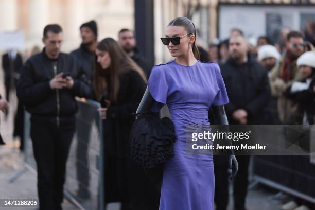 Lorena Rae seen wearing a purple long dress, black latex handgloves, black heels and black sunglasses outside Victoria Beckham, during Pariser...