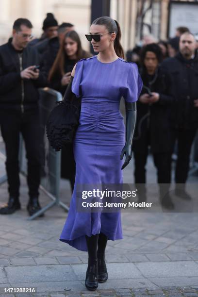 Lorena Rae seen wearing a purple long dress, black latex handgloves, black heels and black sunglasses outside Victoria Beckham, during Pariser...