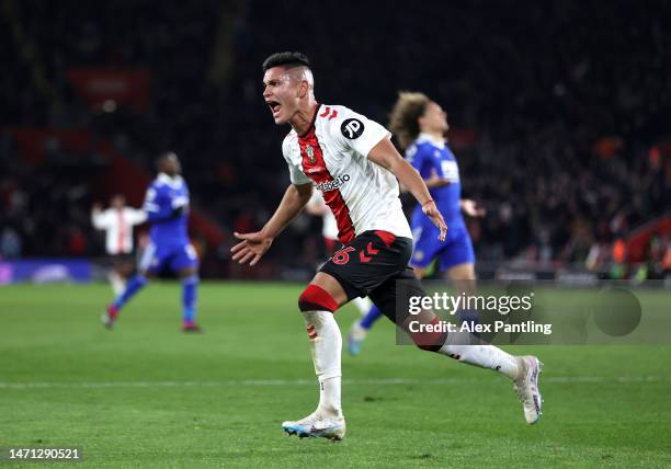 Carlos Alcaraz of Southampton celebrates after he scores his sides first goal during the Premier League match between Southampton FC and Leicester...