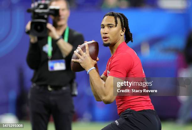 Stroud of Ohio State participates in a drill during the NFL Combine at Lucas Oil Stadium on March 04, 2023 in Indianapolis, Indiana.