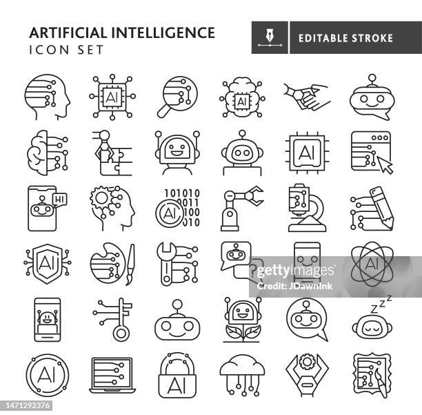 künstliche intelligenz machine learning und chat-bot thin line icon set - editierbarer strich - chatbot stock-grafiken, -clipart, -cartoons und -symbole