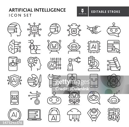 Artificial Intelligence machine Learning and chat bot thin line icon set - editable stroke Artificial Intelligence machine Learning and chat bot thin line icon set - editable stroke