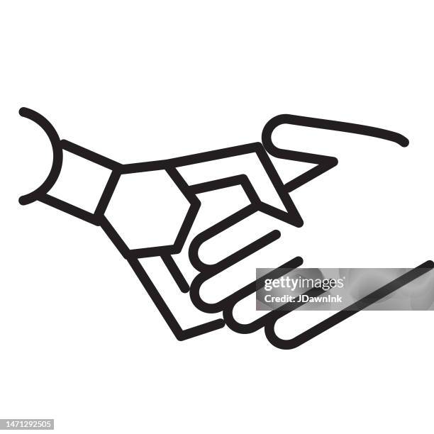 artificial intelligence handshake with robot and human hand thin line icon - editable stroke - digital transformation white background stock illustrations