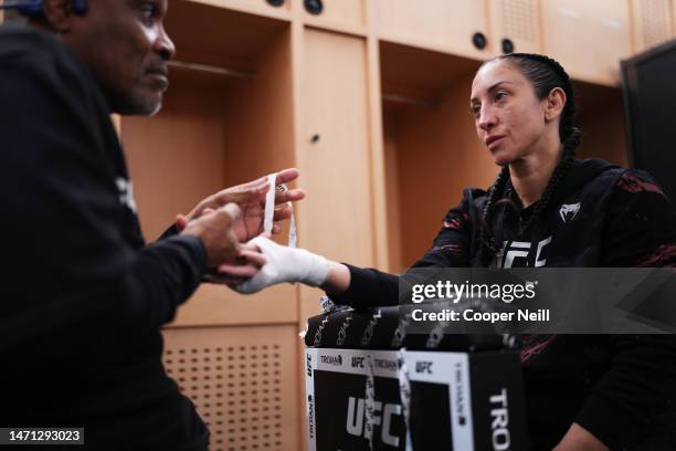 Jessica Penne has her hands wrapped prior to her fight during the UFC 285 event at T-Mobile Arena on March 04, 2023 in Las Vegas, Nevada.