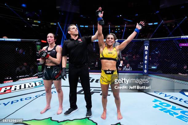 Tabatha Ricci of Brazil reacts to her win over Jessica Penne in a strawweight fight during the UFC 285 event at T-Mobile Arena on March 04, 2023 in...