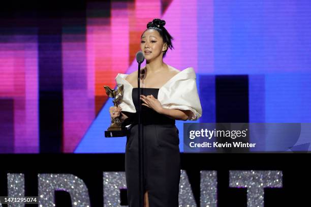 Stephanie Hsu accepts the Best Breakthrough Performance for "Everything Everywhere All at Once" onstage during the 2023 Film Independent Spirit...