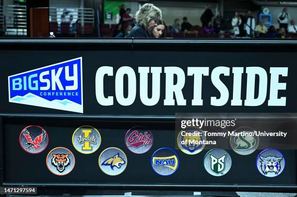 The Big Sky Conference logo pictured during a game between the Portland State Vikings and the Idaho State Bengals at Idaho Central Arena on March 04,...