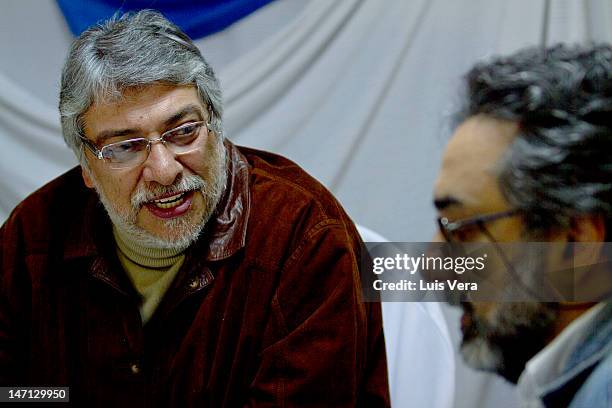 The former President of Paraguay Fernando Lugo attends a meeting of the Pais Solidario Party with Gustavo Codas on June 25, 2012 in Asuncion,...
