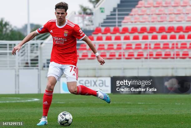 Zan Jevsenak of SL Benfica B in action during the Liga 2 Sabseg match between SL Benfica B and UD Vilafranquense at Benfica Campus on March 4, 2023...