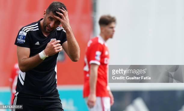 Luis Silva of UD Vilafranquense reaction after missing a goal opportunity during the Liga 2 Sabseg match between SL Benfica B and UD Vilafranquense...