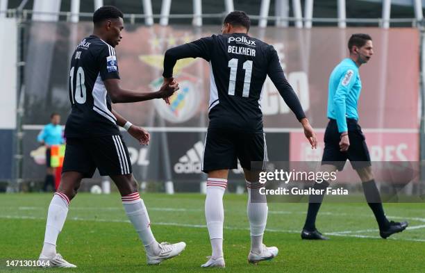 Menaour Belkheir of UD Vilafranquense celebrates with teammate Idrissa Dioh of UD Vilafranquense after scoring a goal during the Liga 2 Sabseg match...