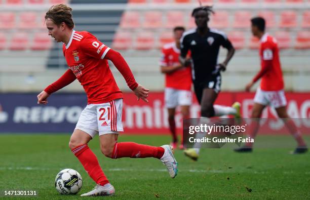 Andreas Schjelderup of SL Benfica B in action during the Liga 2 Sabseg match between SL Benfica B and UD Vilafranquense at Benfica Campus on March 4,...