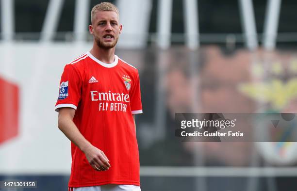Lenny Lacroix of SL Benfica B during the Liga 2 Sabseg match between SL Benfica B and UD Vilafranquense at Benfica Campus on March 4, 2023 in Seixal,...