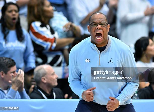 Head coach Hubert Davis of the North Carolina Tar Heels reacts during the first half of their game against the Duke Blue Devils at the Dean E. Smith...