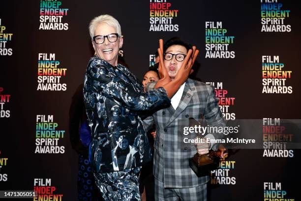 Jamie Lee Curtis and Ke Huy Quan, winners of the Best Feature award for “Everything Everywhere All at Once” pose in the press room during the 2023...