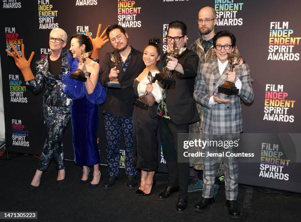 Jamie Lee Curtis, Michelle Yeoh, Dan Kwan, Stephanie Hsu, Jonathan Wang, Daniel Scheinert and Ke Huy Quan winners of the Best Feature award for...