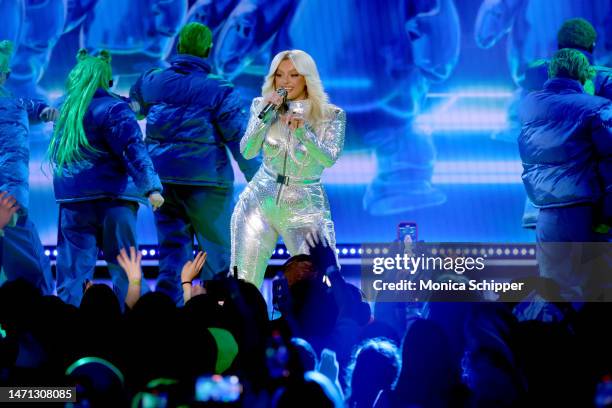 Bebe Rexha performs onstage during the 2023 Nickelodeon Kids' Choice Awards at Microsoft Theater on March 04, 2023 in Los Angeles, California.