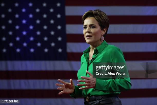 Former Arizona Republican gubernatorial candidate Kari Lake speaks during the annual Conservative Political Action Conference at Gaylord National...