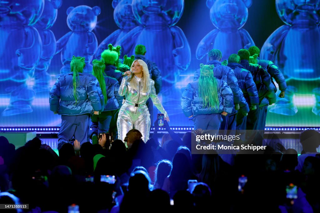 Bebe Rexha performs onstage during the 2023 Nickelodeon Kids' Choice