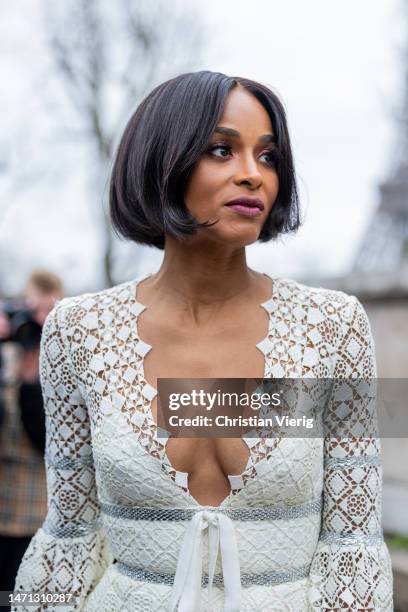 Singer Ciara is seen wearing white laced dress outside Elie Saab during the Paris Fashion Week - Womenswear Fall Winter 2023 2024 : Day Six on March...