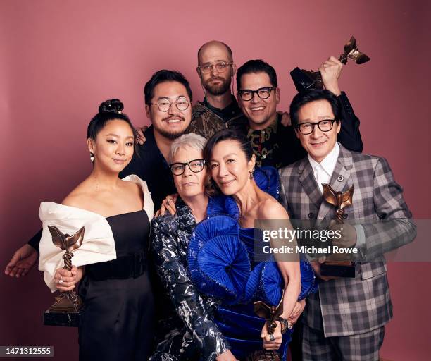 Stephanie Hsu, Daniel Kwan, Jamie Lee Curtis, Daniel Scheinert, Michelle Yeoh, Jonathan Wang, and Ke Huy Quan, winners of the Best Feature award for...