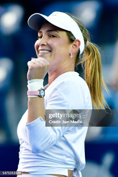 Donna Vekic of Croatia celebrates after winning the semifinals round singles match against Zhu Lin of China as part of the GNP Seguros WTA Monterrey...