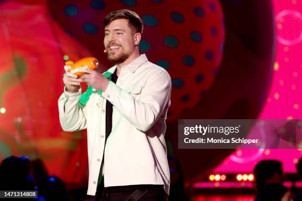 MrBeast accepts the Favorite Male Creator award onstage during the 2023 Nickelodeon Kids' Choice Awards at Microsoft Theater on March 04, 2023 in Los...