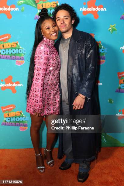 Dominique Fishback and Anthony Ramos attend the 2023 Nickelodeon Kids' Choice Awards at Microsoft Theater on March 04, 2023 in Los Angeles,...