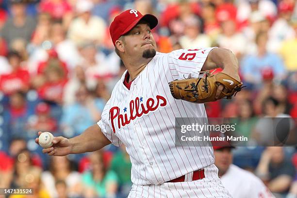 Starting pitcher Joe Blanton of the Philadelphia Phillies throws a pitch during a game against the Pittsburgh Pirates at Citizens Bank Park on June...