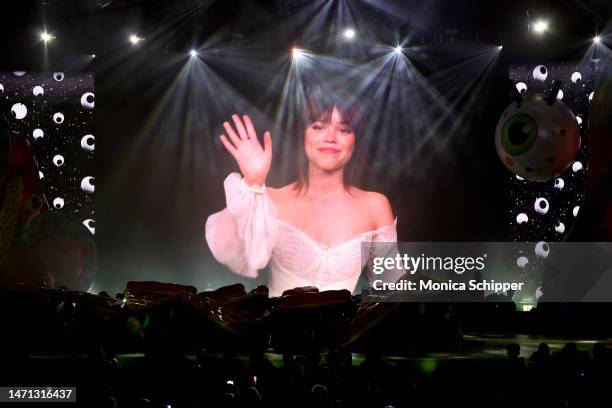 Jenna Ortega accepts the Favorite Female TV Star for "Wednesday" as Wednesday Addams onscreen during the 2023 Nickelodeon Kids' Choice Awards at...