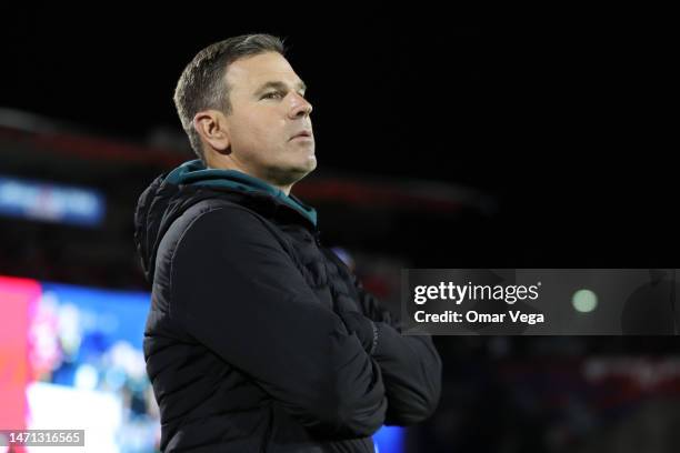 Head coach of LA Galaxy Greg Vanney looks on during the MLS game between LA Galaxy and FC Dallas at Toyota Stadium on March 4, 2023 in Frisco, Texas.