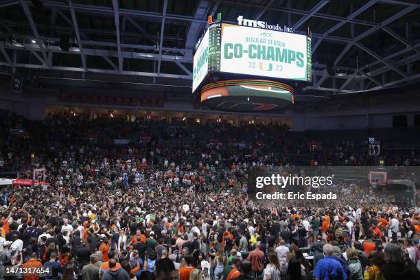 General view of the court after students stormed the court after the Miami Hurricanes defeated the Pittsburgh Panthers to win a share of the ACC...