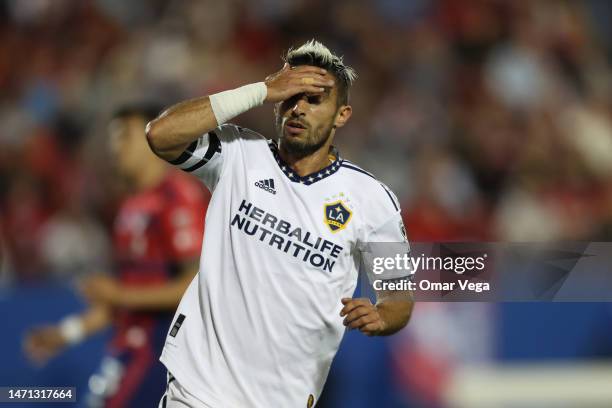 Gaston Brugman of LA Galaxy reacts after missing a chance to score during the MLS game between LA Galaxy and FC Dallas at Toyota Stadium on March 4,...