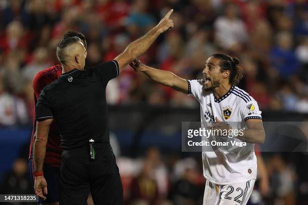 Martin Caceres of LA Galaxy argues during the MLS game between LA Galaxy and FC Dallas at Toyota Stadium on March 4, 2023 in Frisco, Texas.