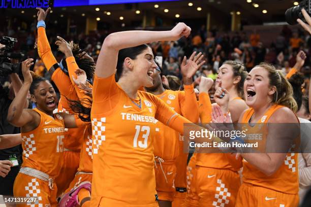 The Tennessee Lady Vols celebrate their win over the LSU Lady Tigers during the semifinals of the SEC Women's Basketball Tournament at Bon Secours...
