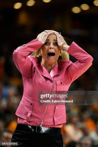 Head coach Kim Mulkey of the LSU Lady Tigers reacts to a foul call late in the fourth quarter of the game against the Tennessee Lady Vols during the...